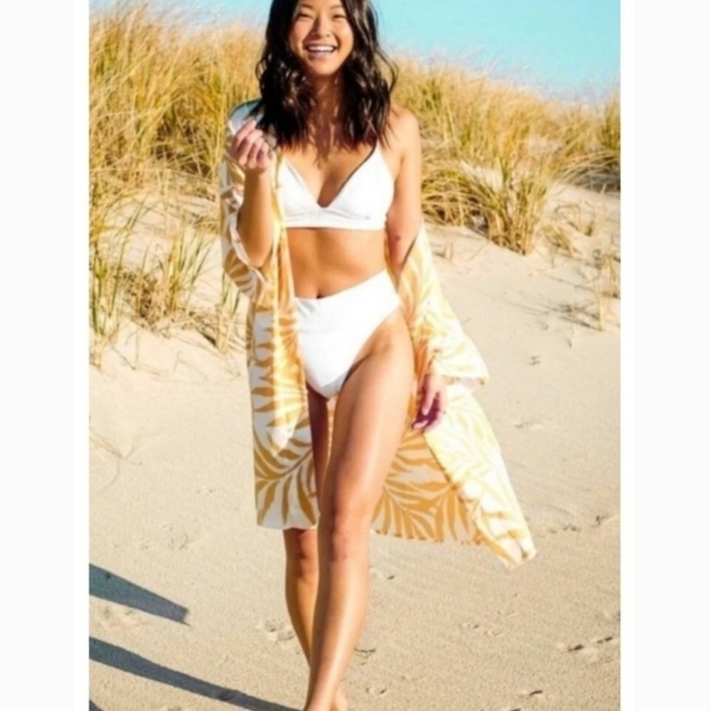 Maison Du Soir Yellow & White Palm Print Robe Kimono Beach Coverup
